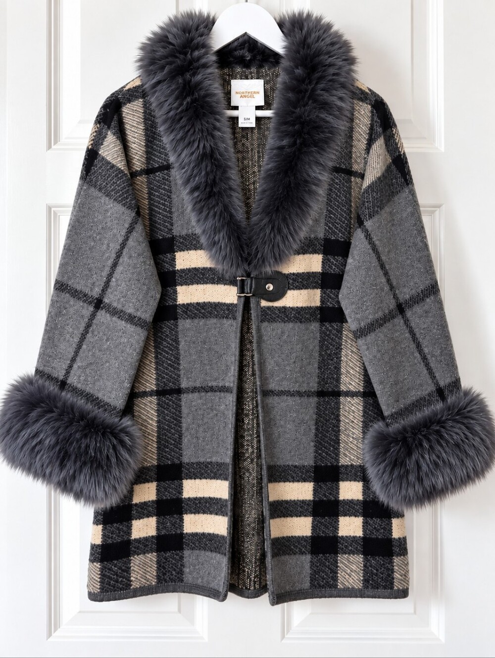 Northern Angel Plaid Faux Fur Trim Coatigan Cardigan S/M Gray